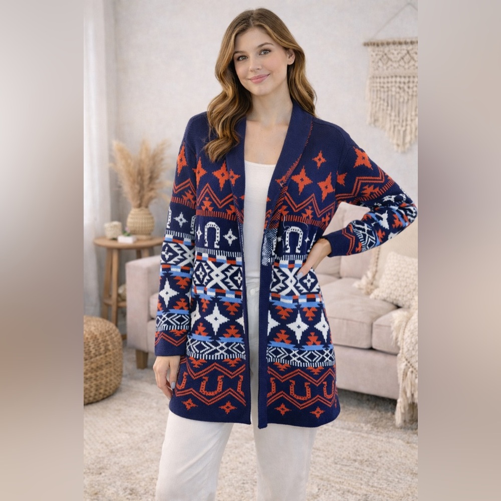 Lucky Brand Women’s Western Aztec Open Knit Cardigan Sweater Boho Size Medium